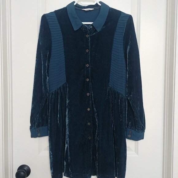 White Stuff UK dark teal velvet mini dress tunic button down viscose … - Picture 1 of 15